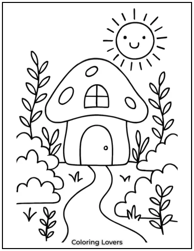 This whimsical house looks like it’s straight out of a fairy tale, with a happy sun watching over and nature all around.