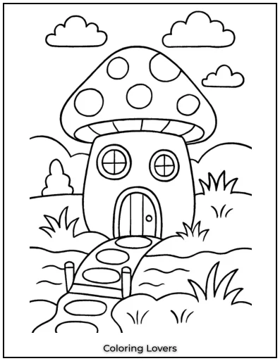 This whimsical mushroom cottage has a stone path leading to its tiny door. Its round windows add to its fairytale charm.