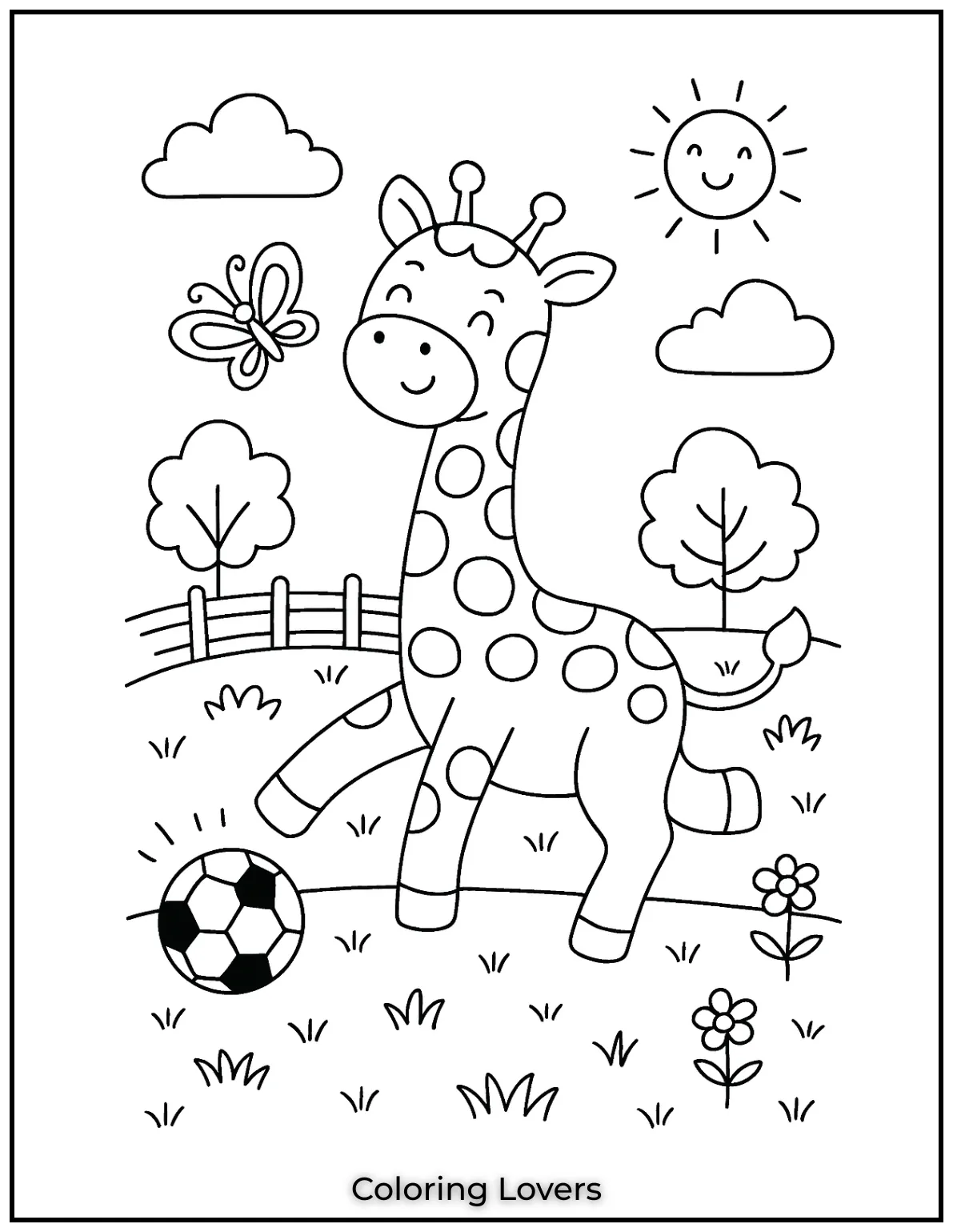 This young giraffe is having the best time kicking a ball! Such a joyful moment to color and make your own.
