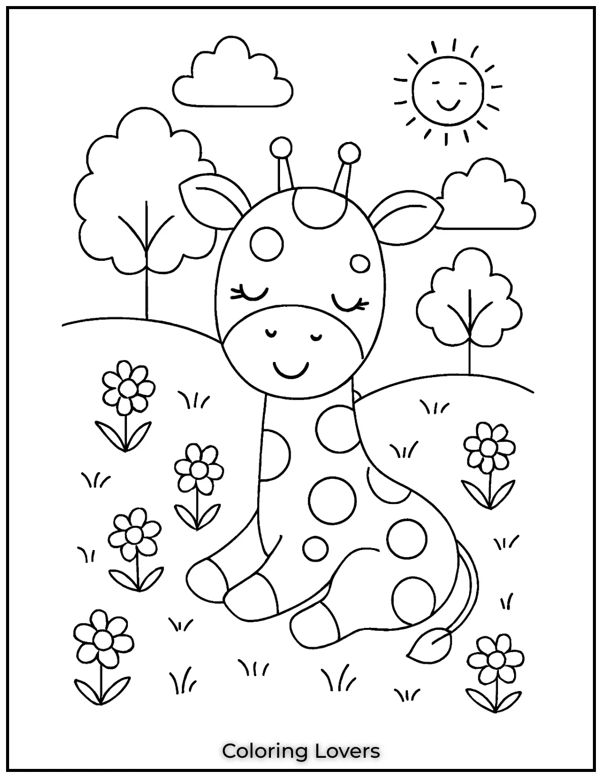 This young giraffe looks so peaceful in a field of flowers.