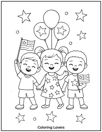 Three cheerful kids wave flags and balloons surrounded by stars