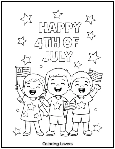 Three kids shout “Happy 4th of July” with flags in hand and joy on their faces. 