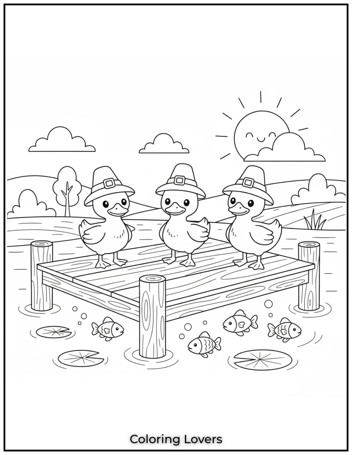 Duck Coloring Pages That Kids Like the Most 7 Three little ducks on a pier with fish swimming below. A serene scene waiting for some color