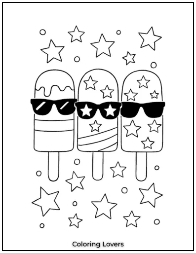 Three popsicles in sunglasses bring summer vibes to these fourth of July color sheets. 