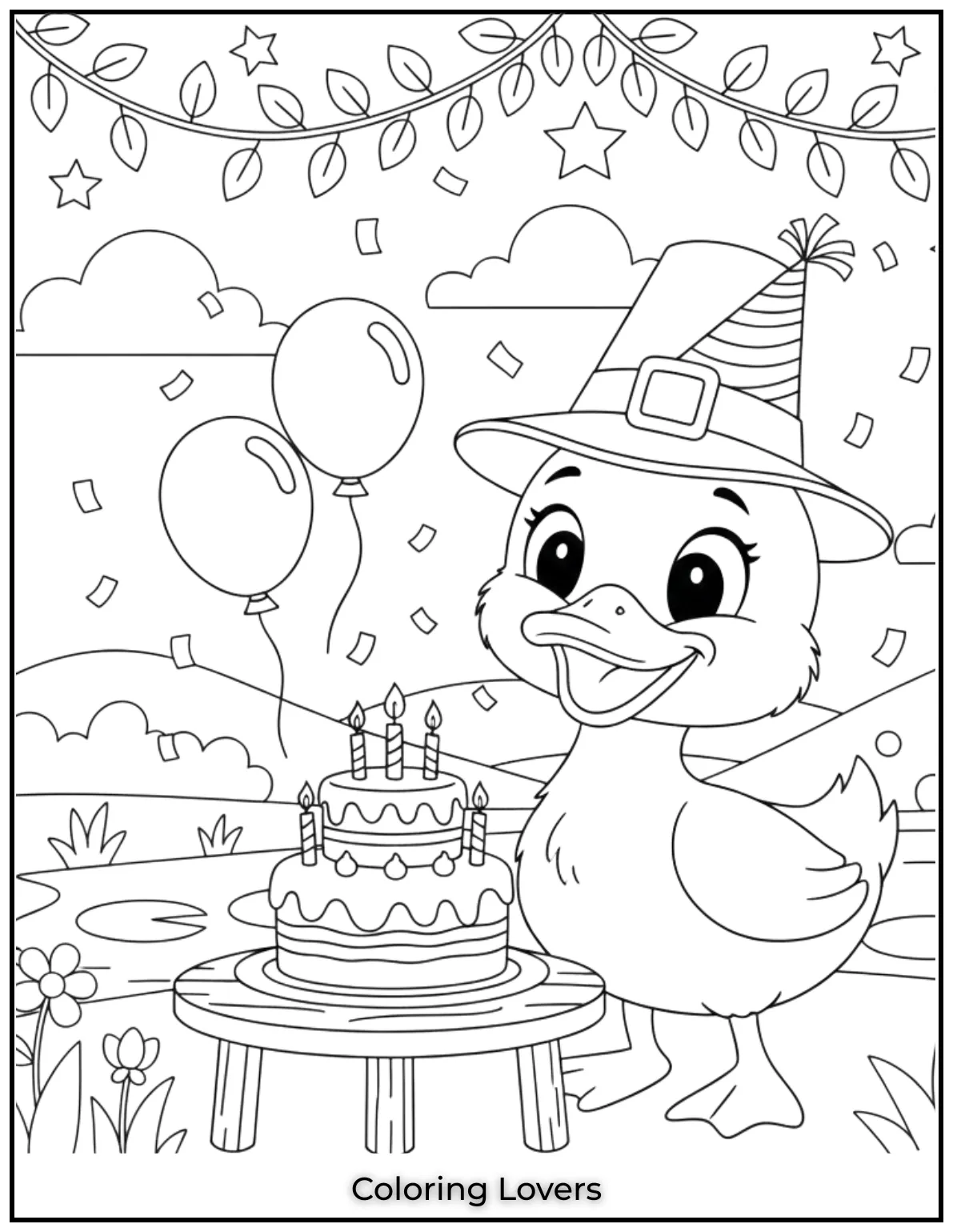 Duck Coloring Pages That Kids Like the Most 20 Time to celebrate This duckling is ready to party with a birthday cake making it a joyful addition to your duck coloring pages