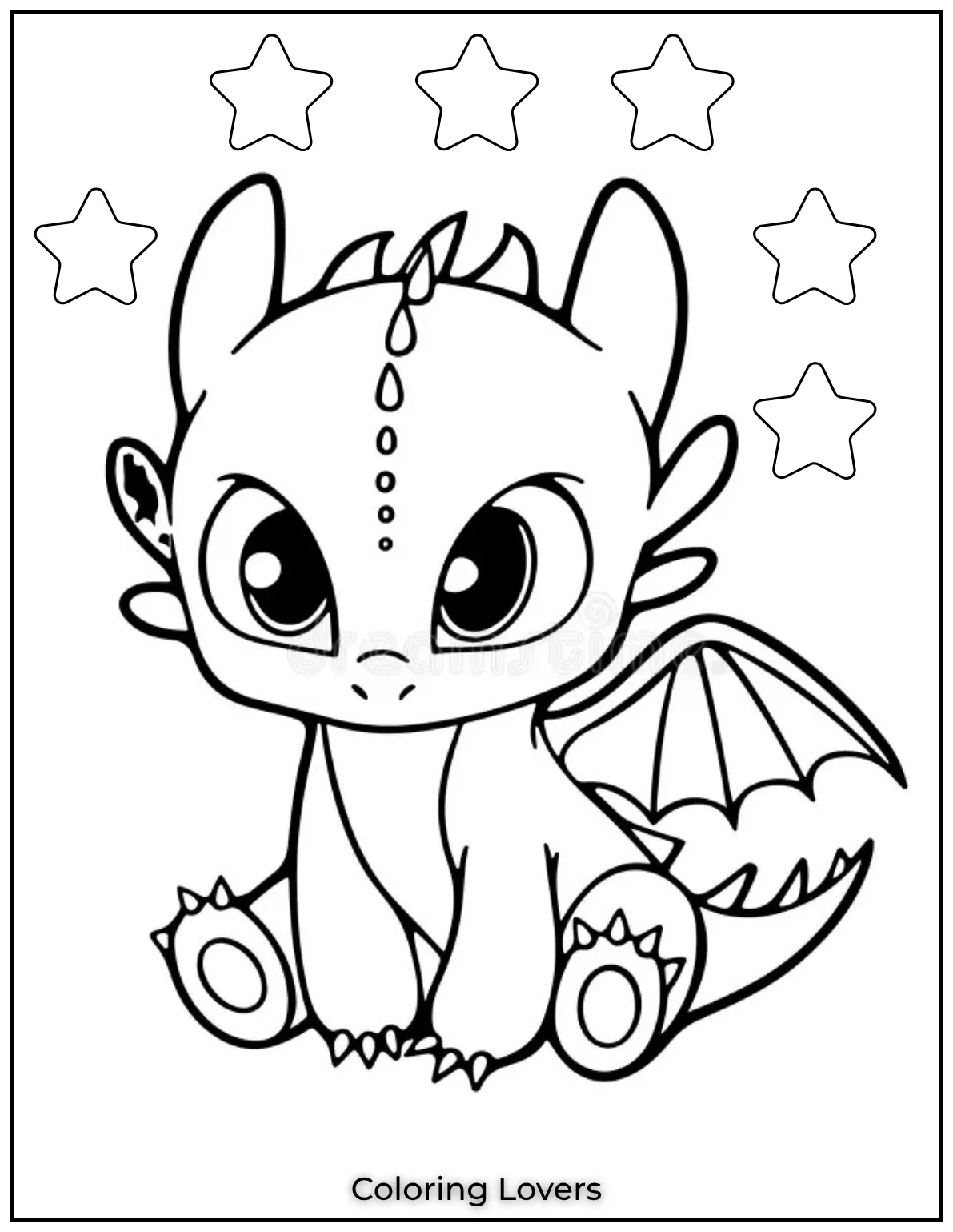 Toothless sits happily under the stars with his signature smile and tiny wings. A favorite among cute coloring pages for kids