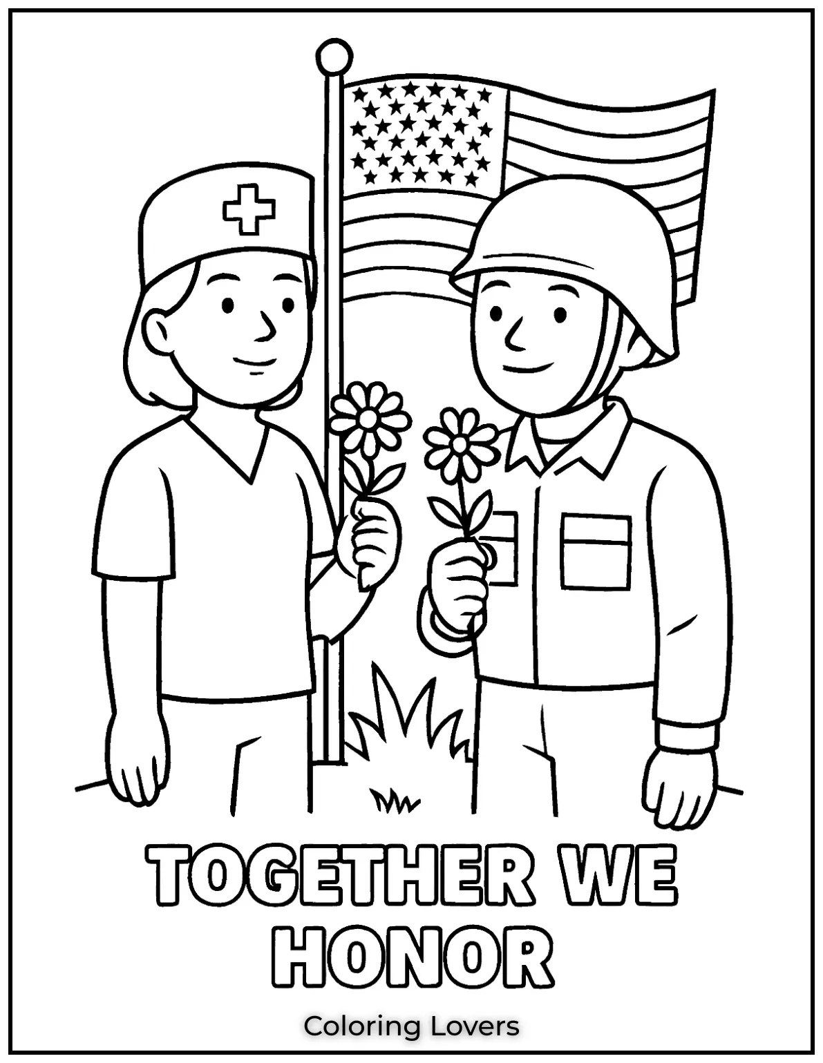 Two brave heroes hold flowers with a flag behind. Their strong message reads Together We Honor