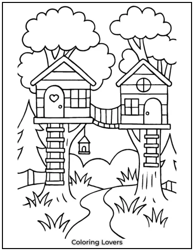 Two charming treehouses are connected by a wooden bridge. Tall trees surround this peaceful hideaway.