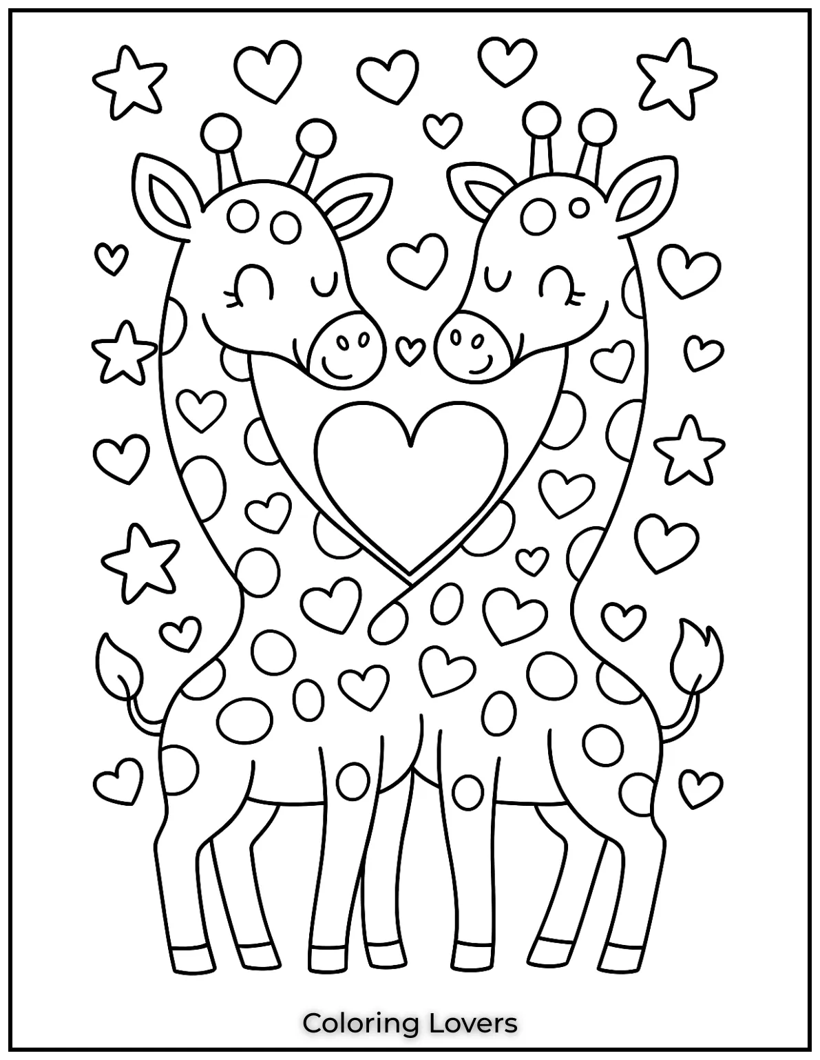 Two giraffes stand together, forming a heart with their necks, surrounded by stars and love. 