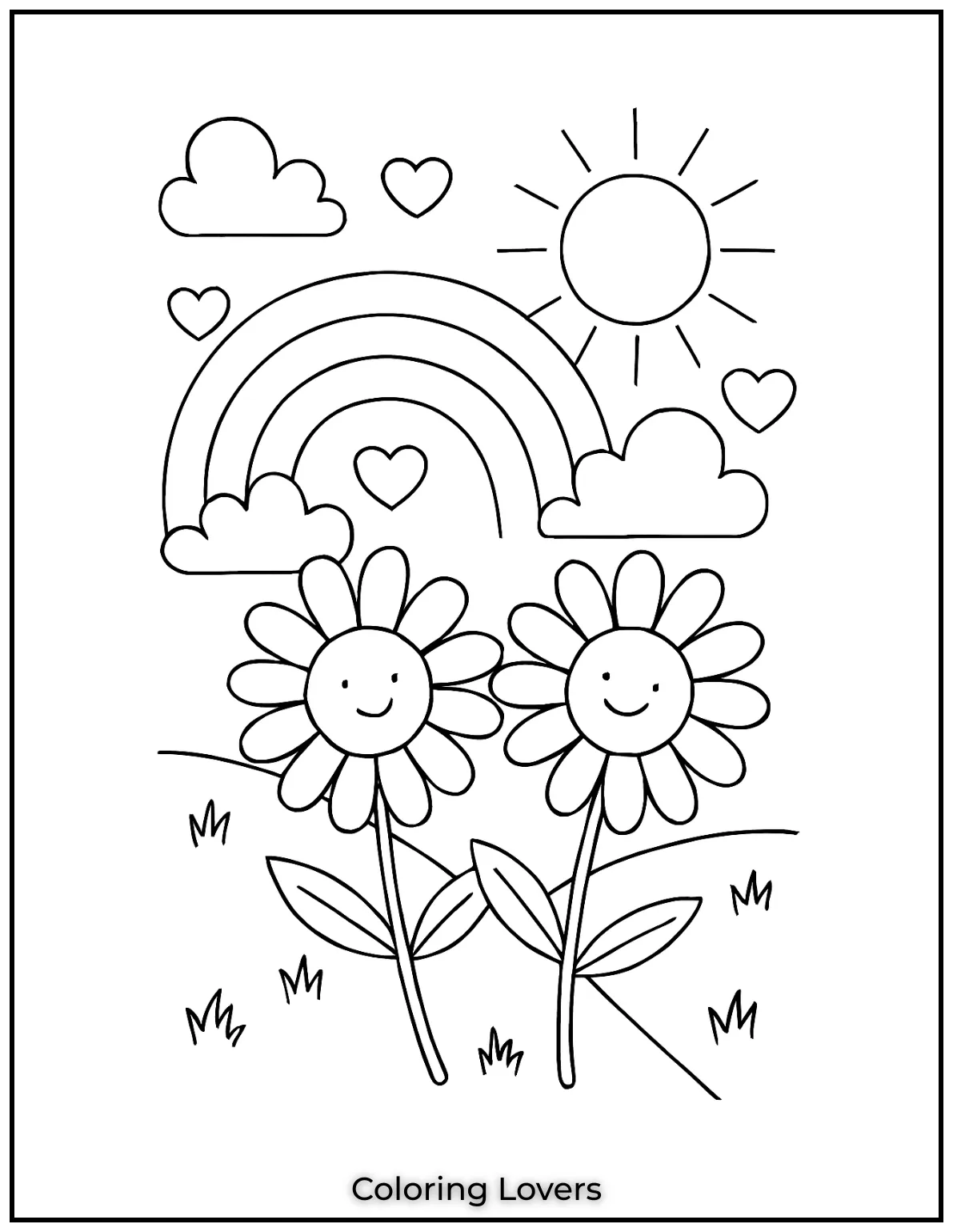 Two smiling daisies bloom under a rainbow and bright sun. A cheerful field scene full of love and color.