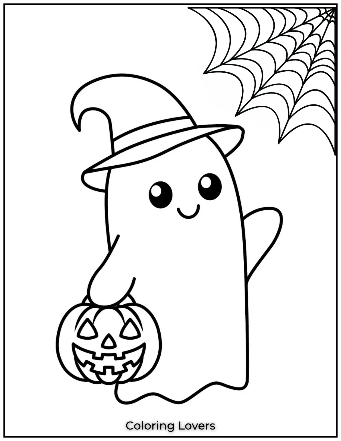 With a big witch hat and pumpkin basket this ghost is all set for Halloween fun. The spider adds a spooky twist