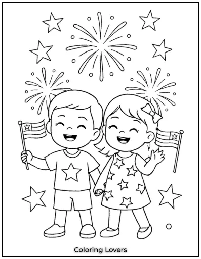 With fireworks behind them, two kids smile and wave flags in starry outfits. A bright and fun-filled scene to color