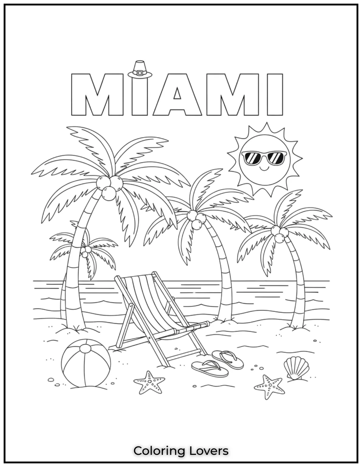 A “MIAMI” view shows palm trees, a beach chair, flip-flops, and a smiling sun in cool shades.