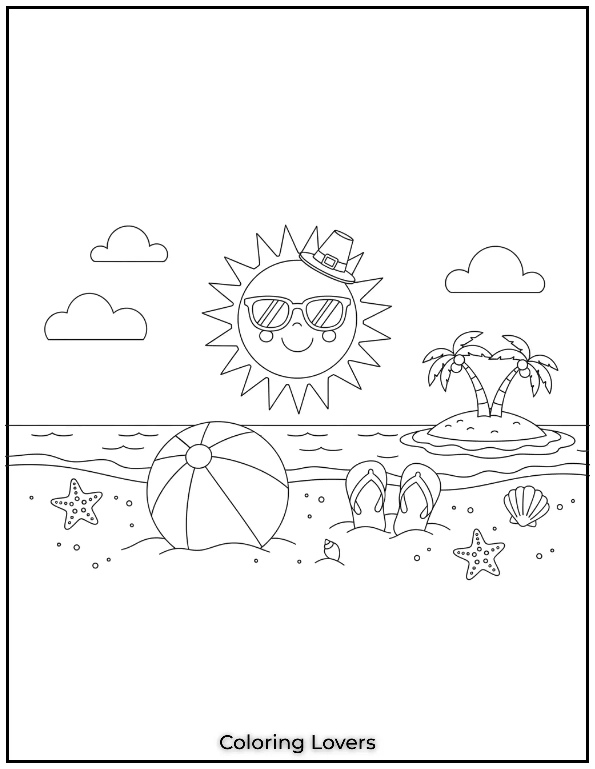 A beach ball and flip-flops rest in the sand with a smiling sun. This easy design is great for preschoolers.