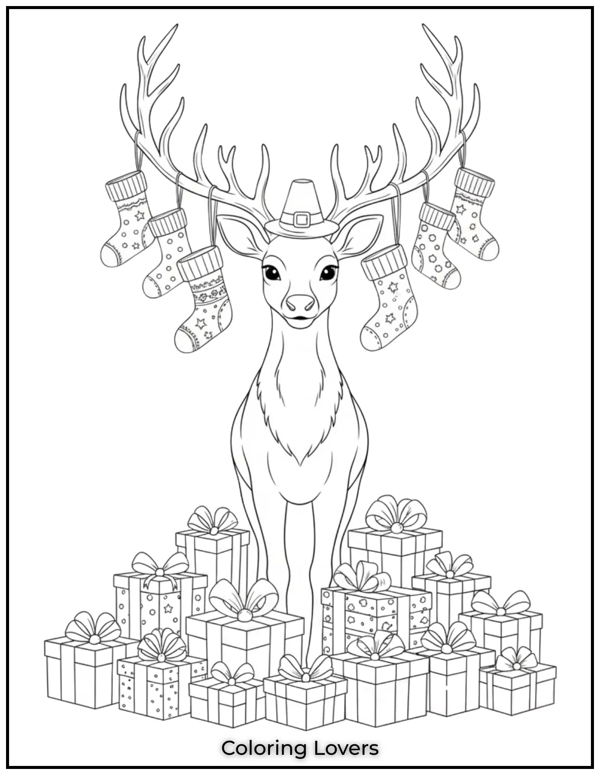A beautifully detailed reindeer with stockings hanging from its antlers perfect for capturing the magic of Christmas in every shade