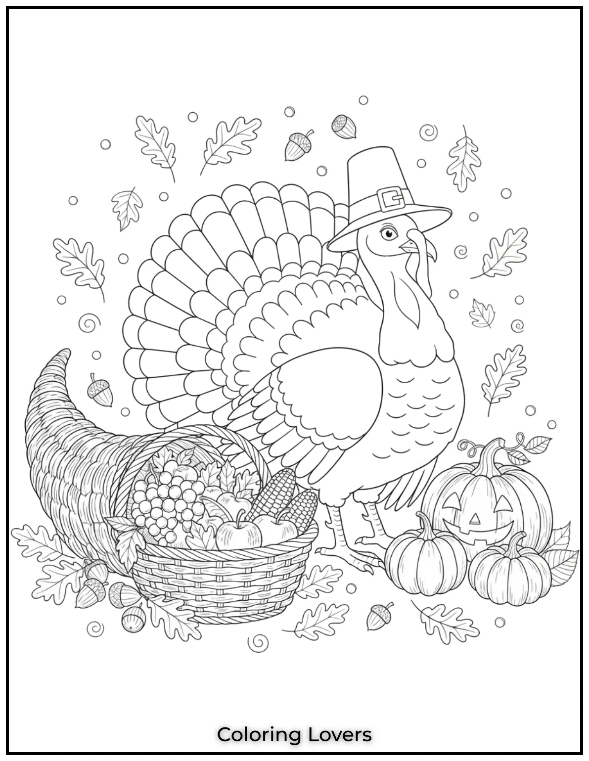 A beautifully detailed turkey alongside pumpkins and a basket of harvest fruits. A calming and festive coloring experience for adults during Thanksgiving