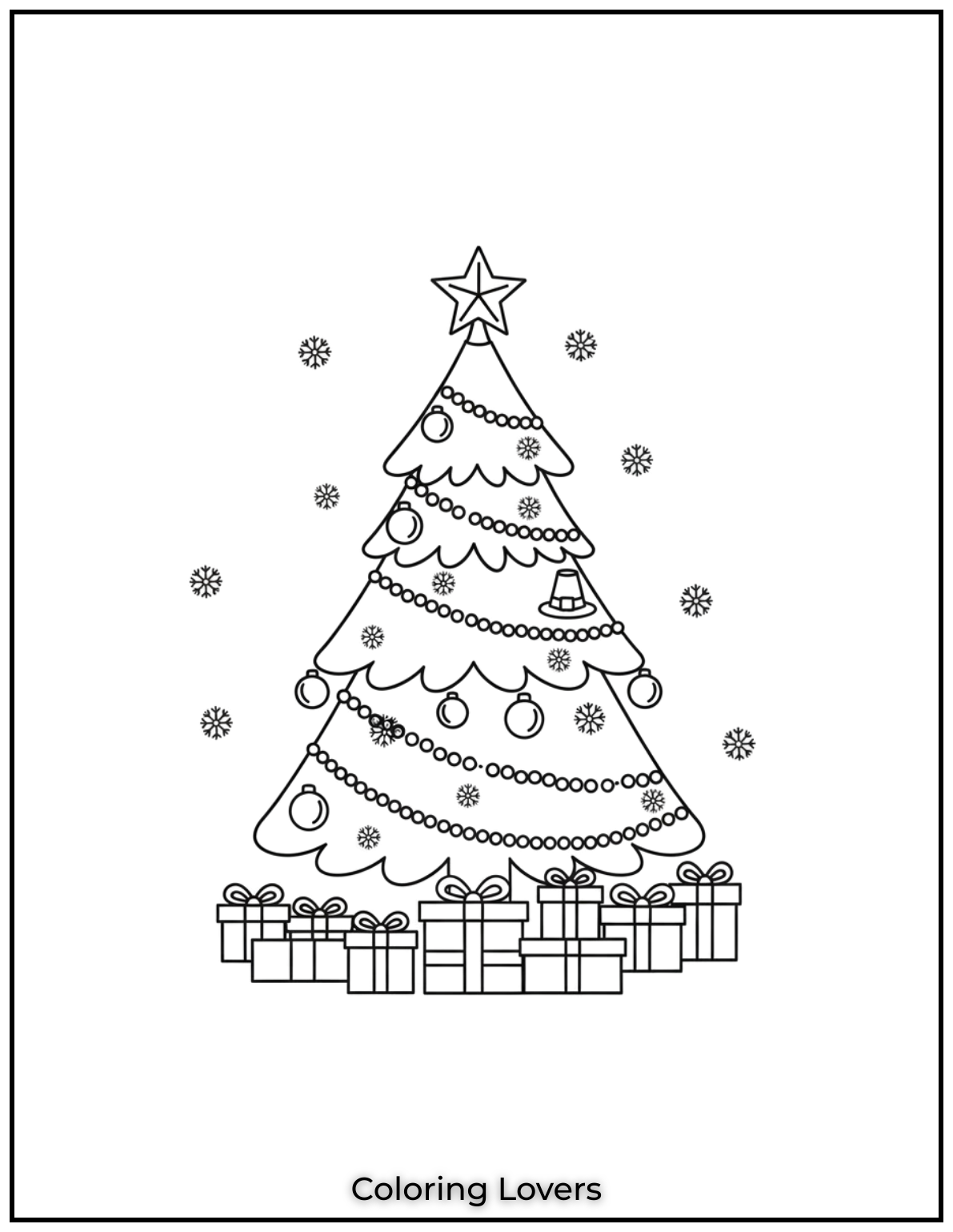 Free Printable Christmas Tree Coloring Pages 16 A beautifully simple tree with delicate ornaments and snowflakes.