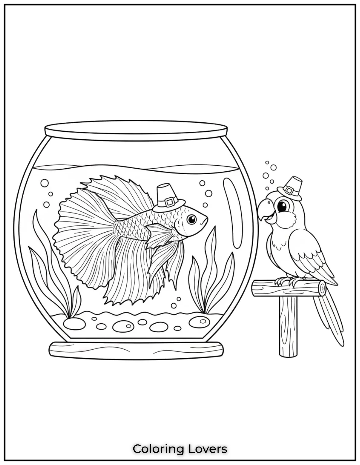 A betta fish floats with grace while a parrot watches the aquarium. A gentle bond across the glass