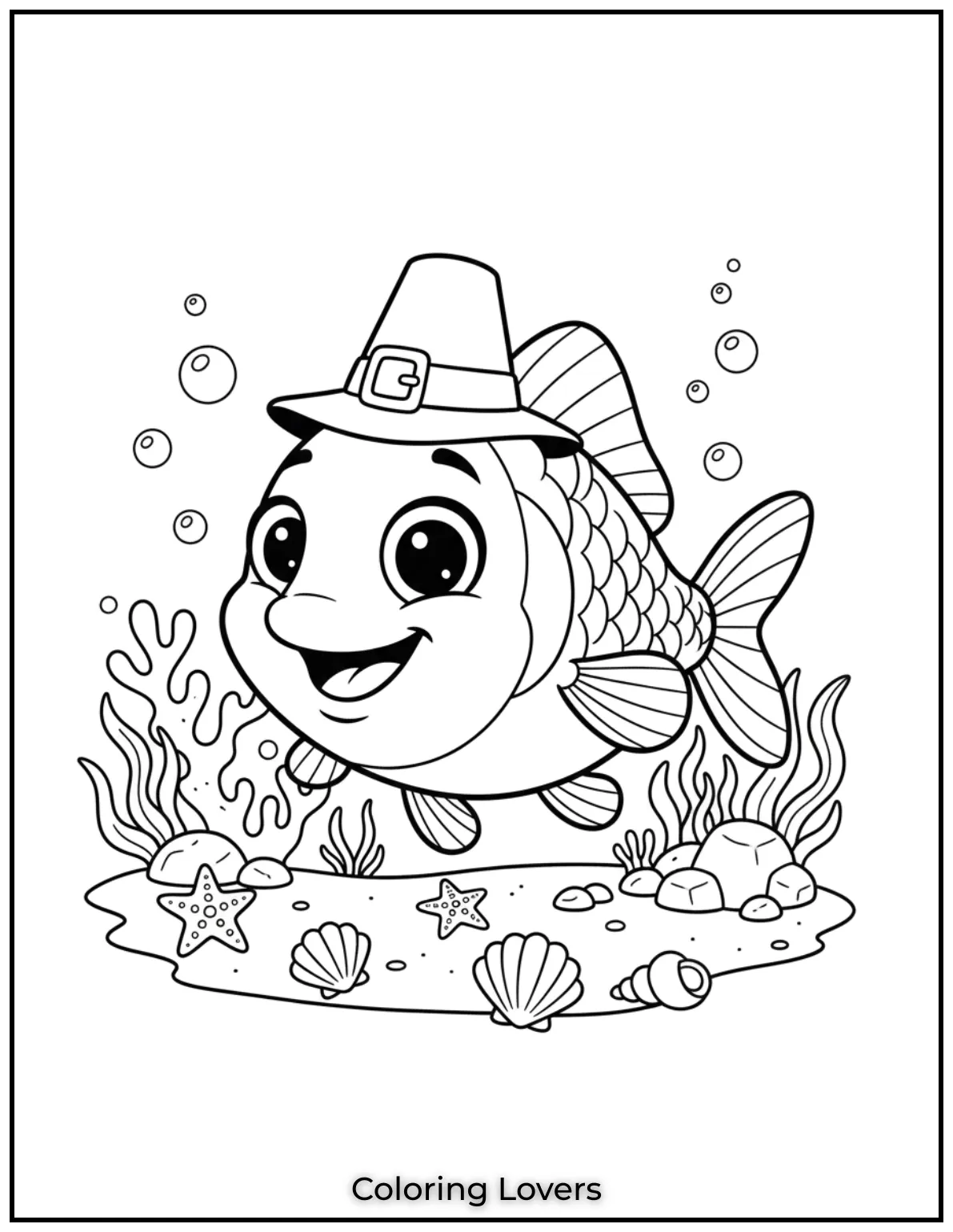 A big eyed fish swims past sea stars and shells with a cheerful smile. Its one of the most delightful fish coloring pages for kids to enjoy anytime