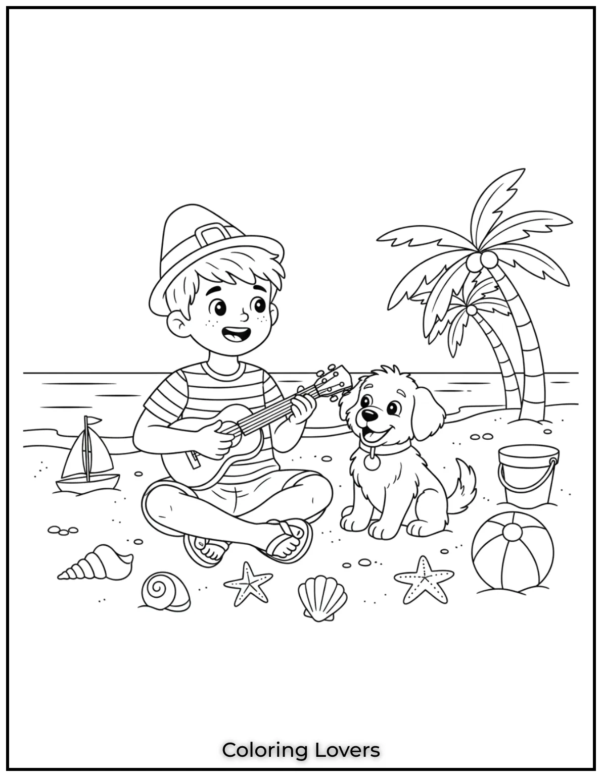 A boy strums his ukulele on the sunny beach while a happy puppy watches.
