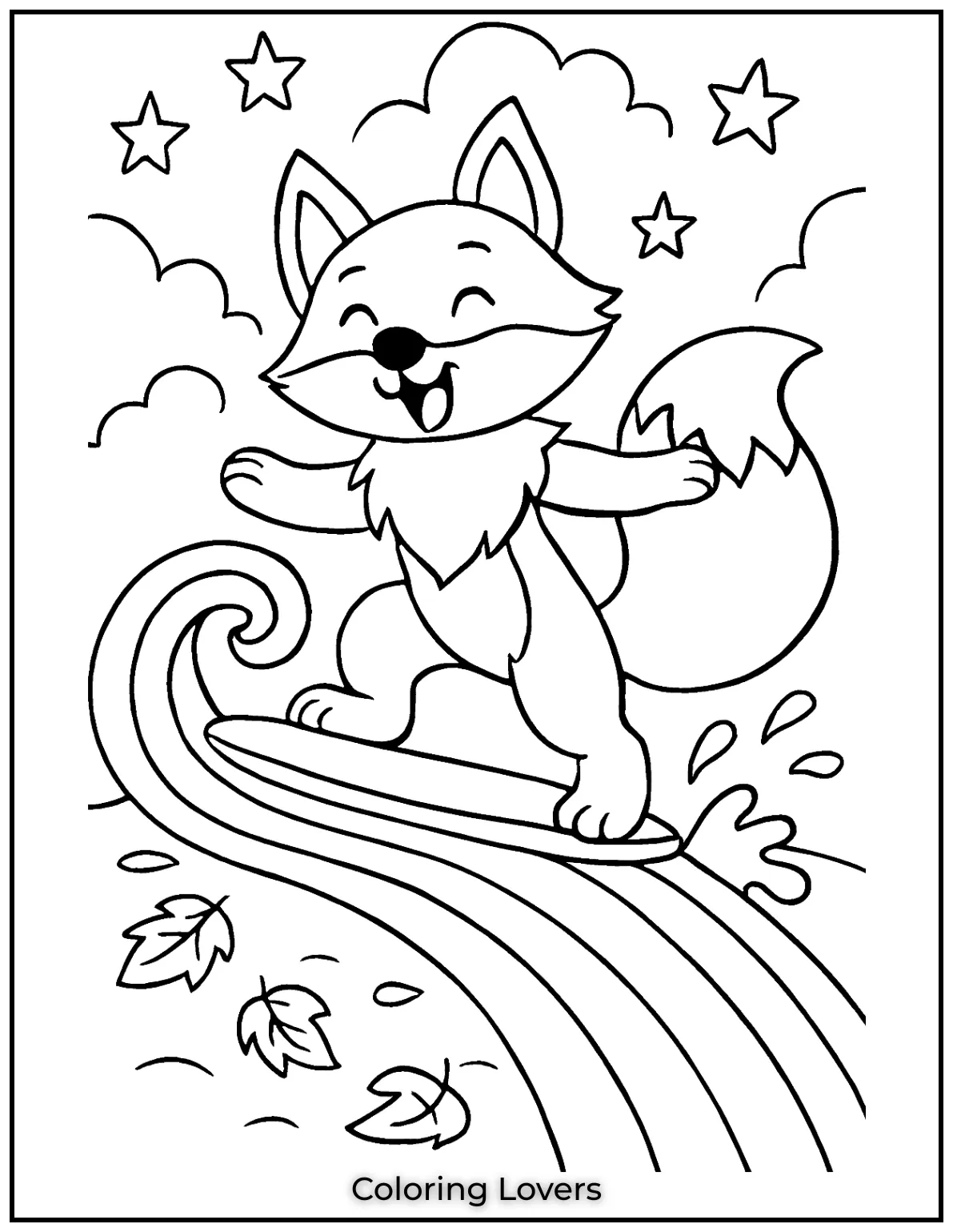 Powerful Fox Coloring Pages That Are Hidden 12 A cartoon fox joyfully surfs on a swirling rainbow wave, full of excitement.