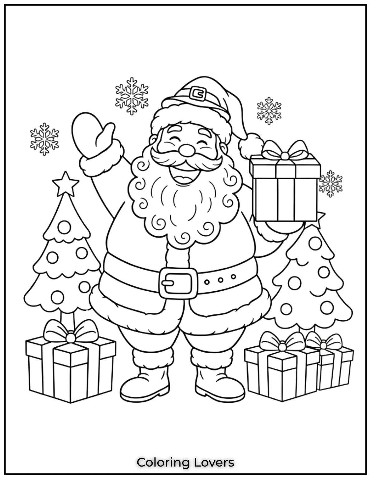 A cheerful Santa laughing with joy, capturing the spirit of Christmas. A simple and fun page for kids to color.