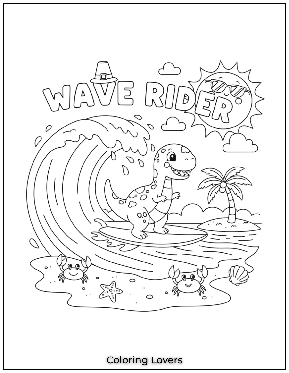 A cheerful dinosaur rides waves under “WAVE RIDER” as crabs and the sun join in this beach adventure.
