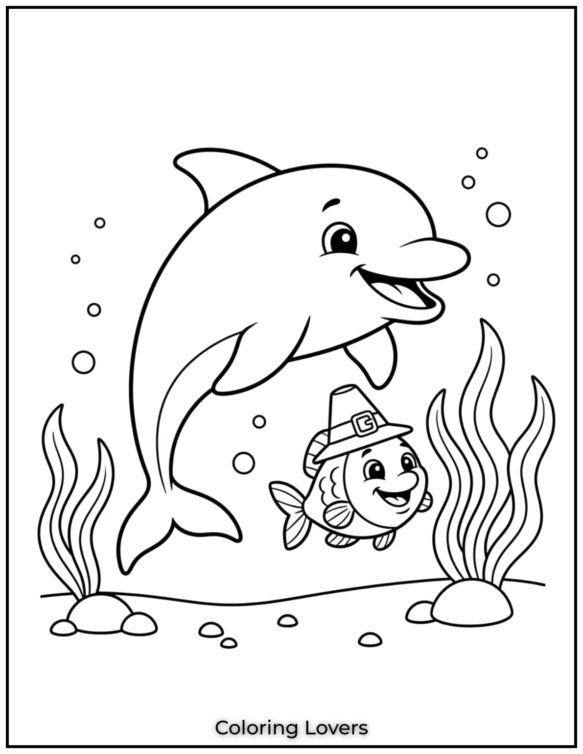 A cheerful dolphin swims with a smiling little fish by its side. Their playful expressions make this scene extra fun to color