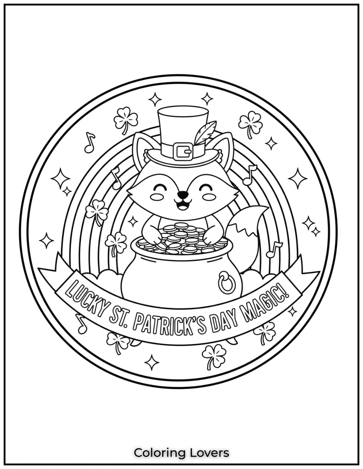Download St Patrick's Day Coloring Pages 33 A cheerful fox guards a pot of gold with a big smile