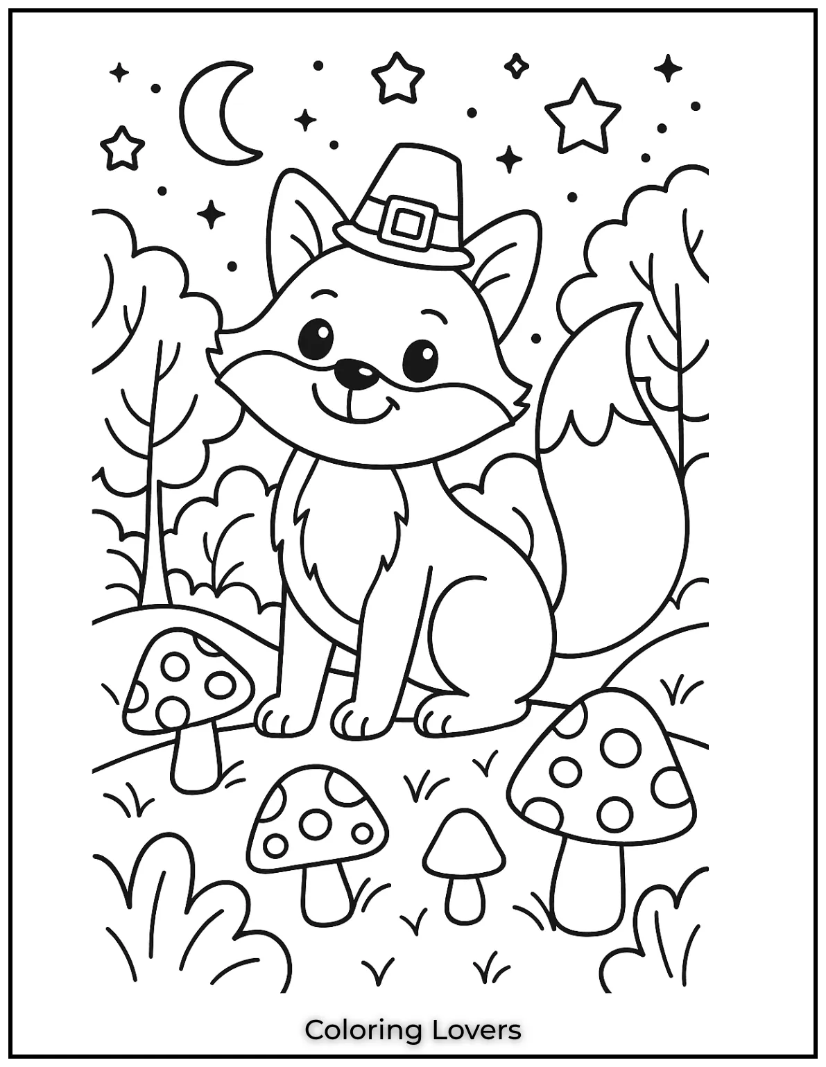 Powerful Fox Coloring Pages That Are Hidden 4 A cheerful fox with a bushy tail explores a magical forest filled with mushrooms and stars.