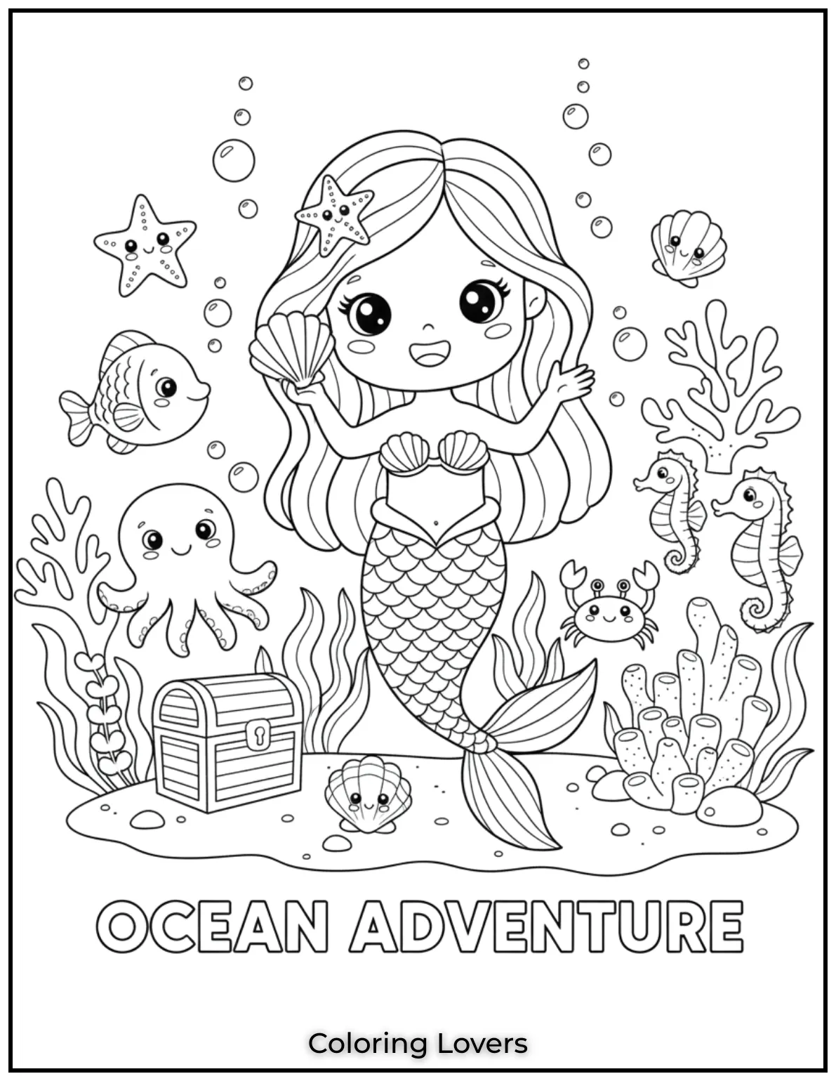 Preschool Coloring Pages – Fun & Easy Printables for All 51 A cheerful little mermaid holding a seashell, ready for an underwater adventure.