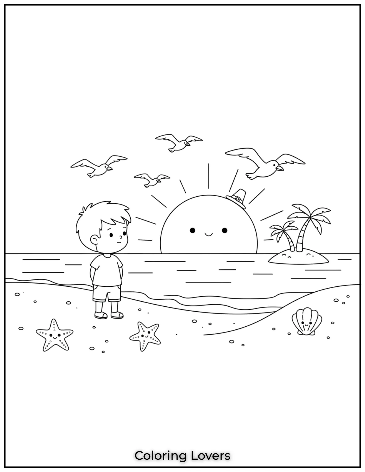 A child watches seagulls fly past as the sun dips below the horizon.