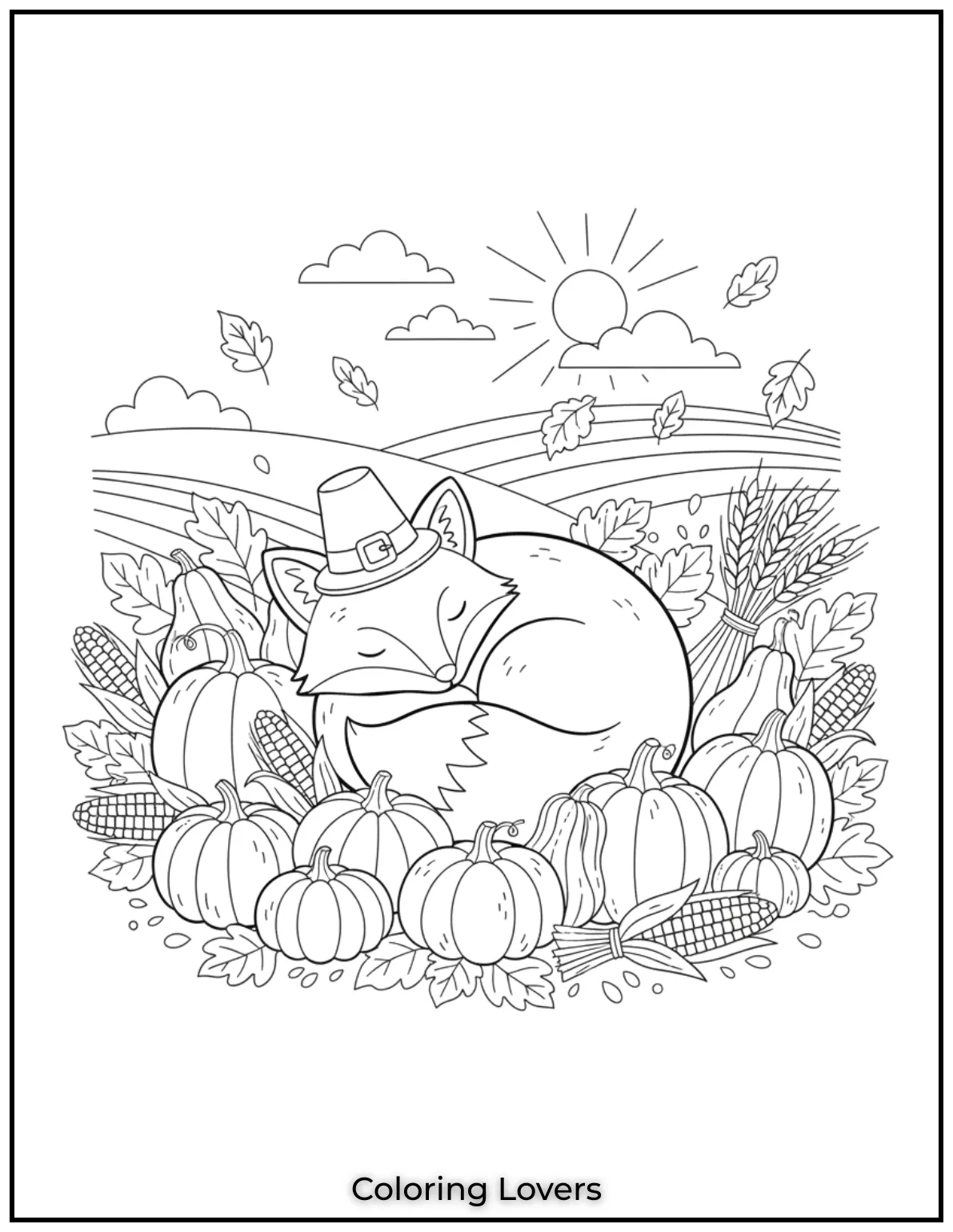 Powerful Fox Coloring Pages That Are Hidden 25 A cozy fox rests amid pumpkins and autumn harvest, capturing fall’s essence.