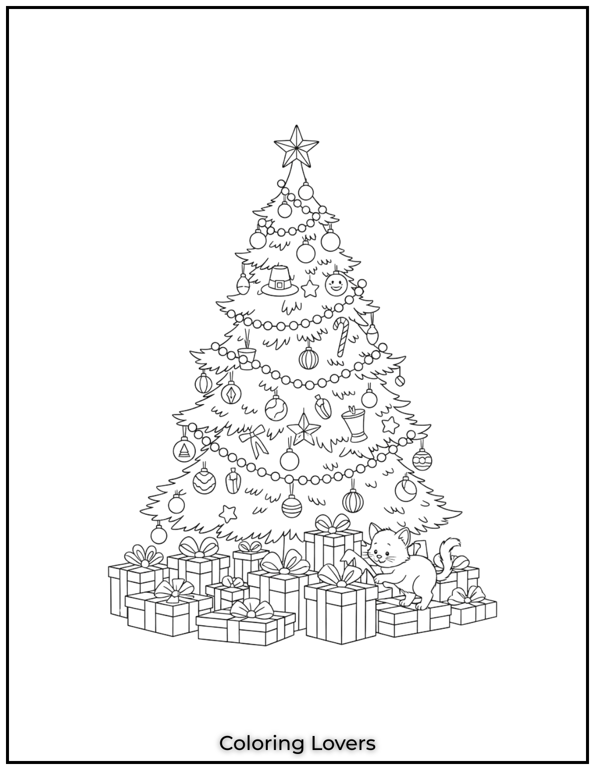 Free Printable Christmas Tree Coloring Pages 22 A curious little kitty explores the presents under the Christmas tree