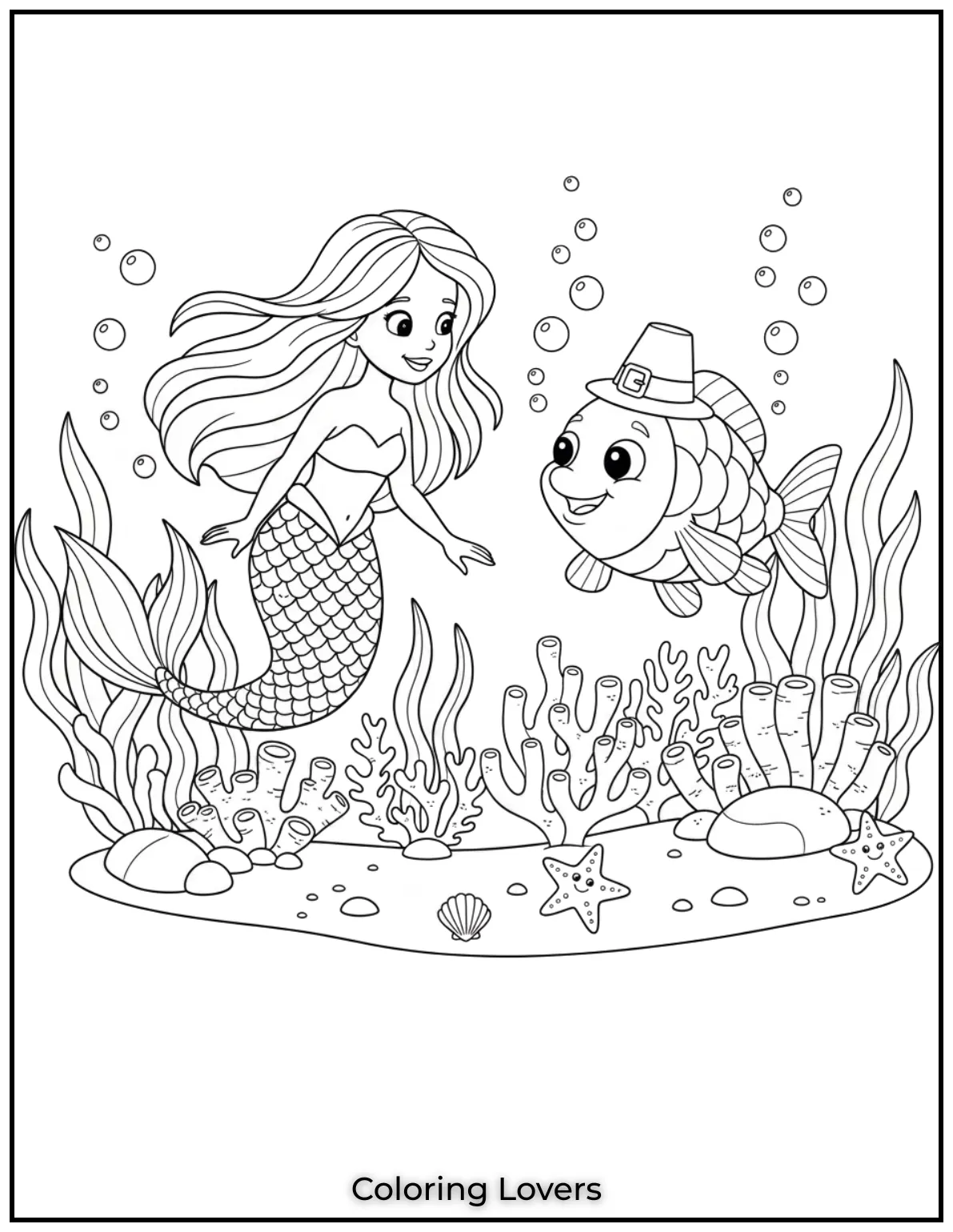A curious mermaid swims close to a fish among corals. This underwater duo brings magic to coloring time