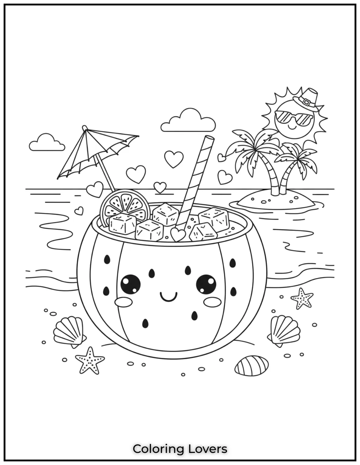 A cute drink in a watermelon bowl with tiny hearts and ice cubes.