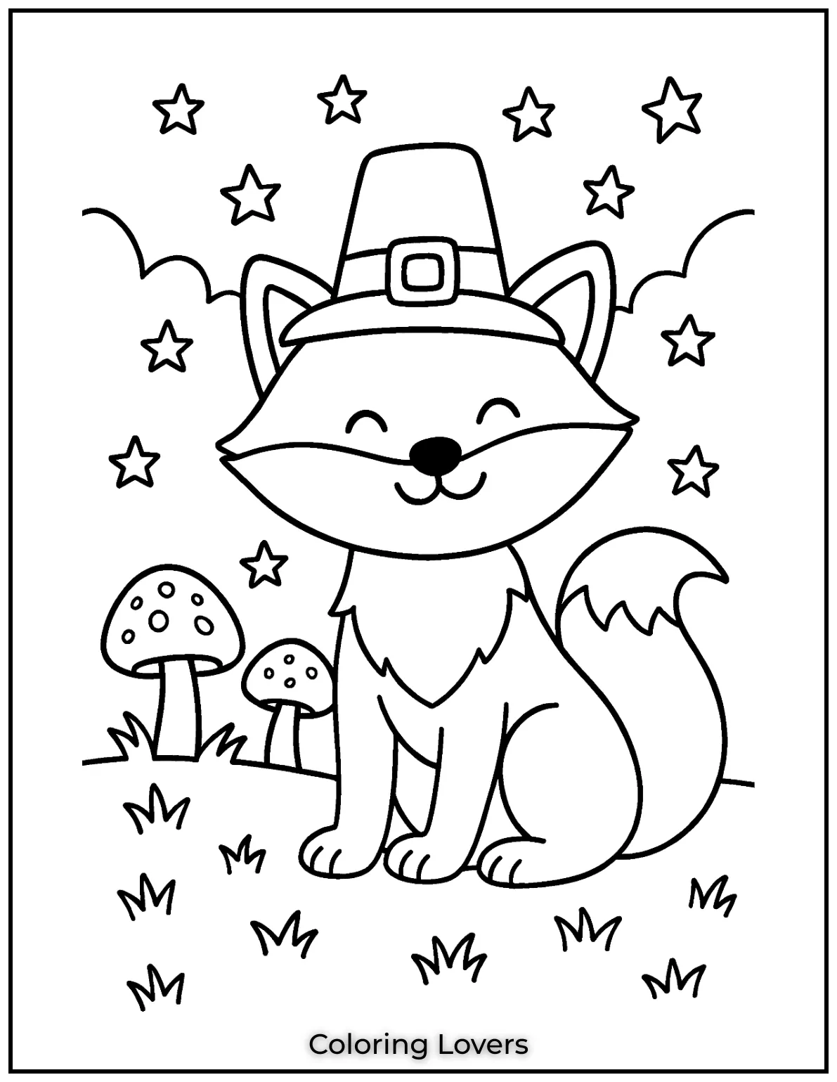 Powerful Fox Coloring Pages That Are Hidden 5 A cute fox sits with a big smile, tail curled around, creating a cheerful scene.