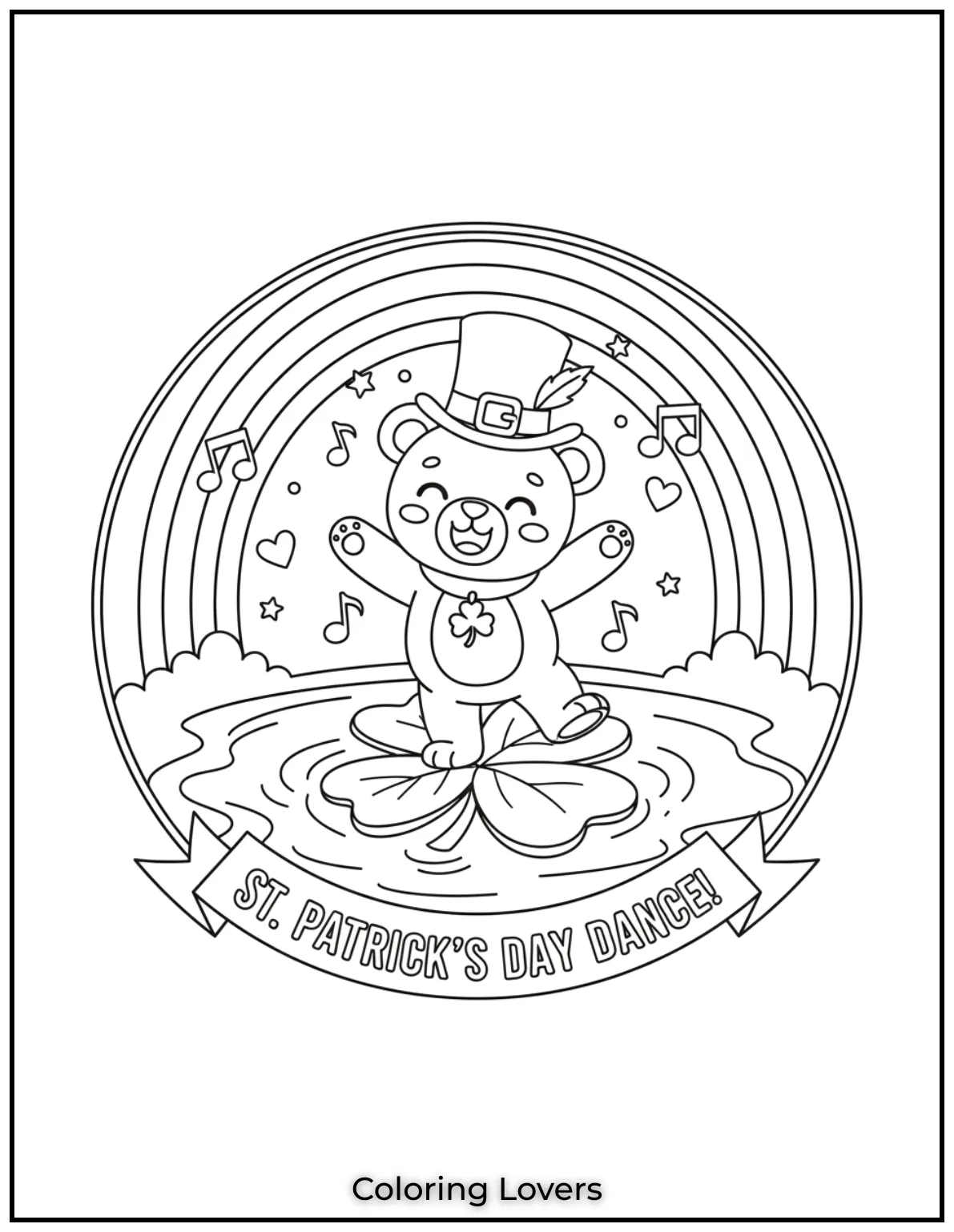 Download St Patrick's Day Coloring Pages 35 A cute little bear dances on a lucky shamrock in the water.