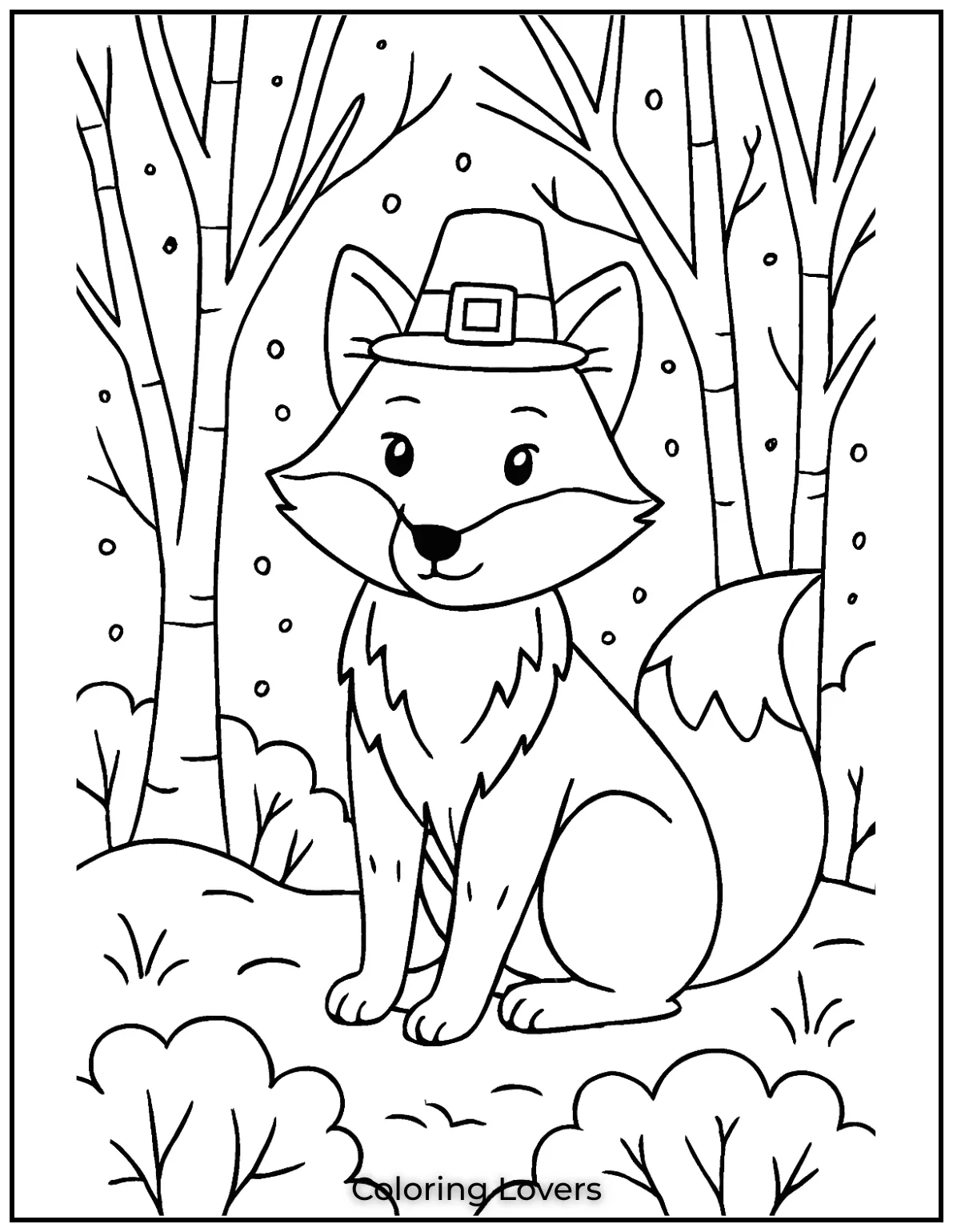Powerful Fox Coloring Pages That Are Hidden 6 A detailed fox stands alert in a snowy forest, surrounded by bare winter trees.