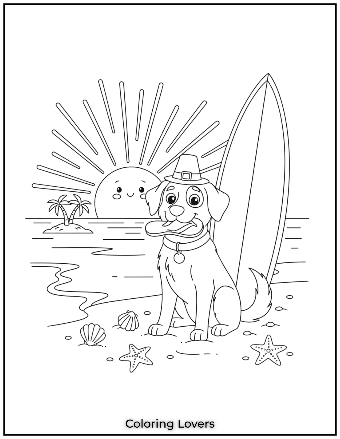 A dog sits near a surfboard holding a sandal with the sun setting behind.