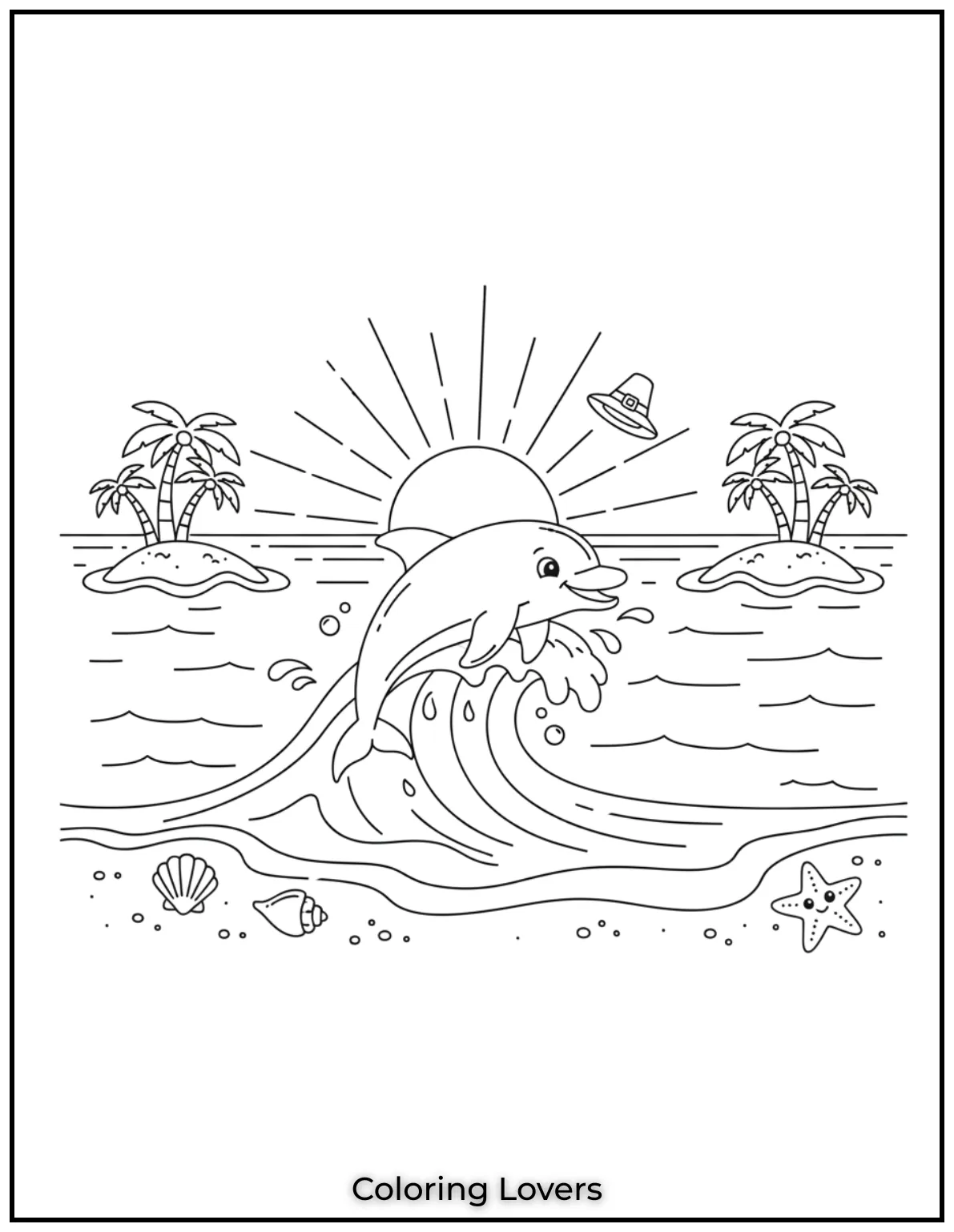 A dolphin leaps from sparkling waves as palm trees frame the horizon. 