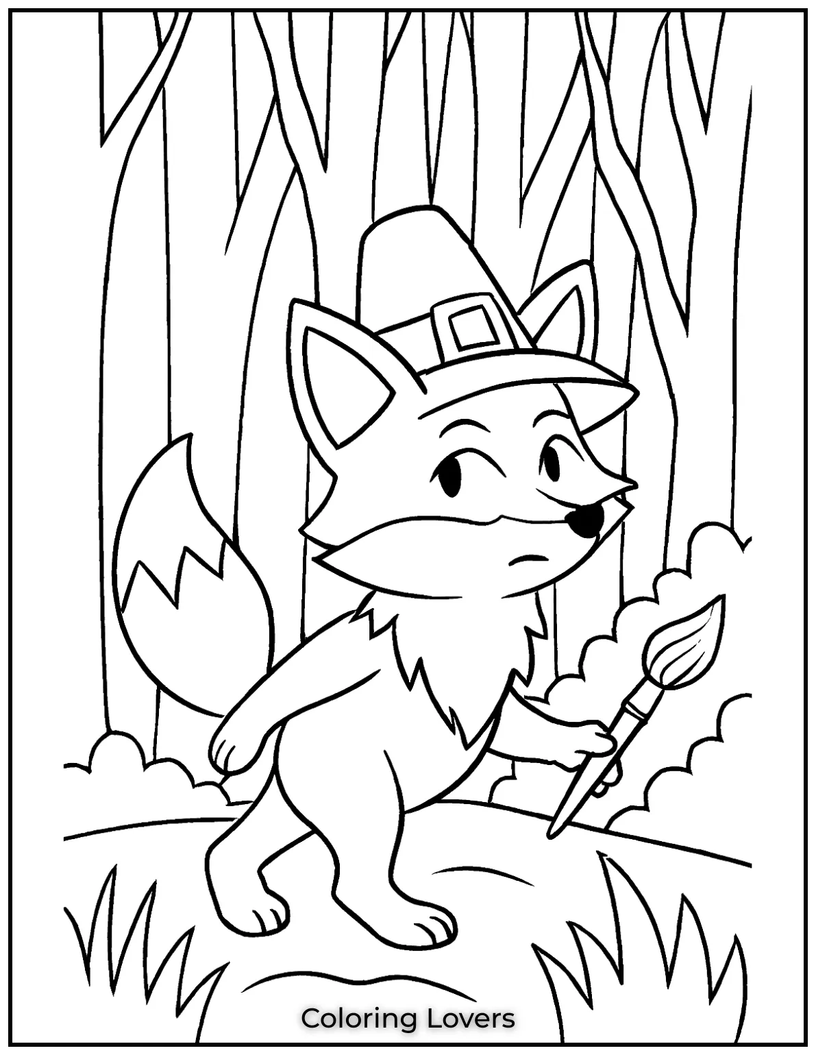 Powerful Fox Coloring Pages That Are Hidden 18 A fox navigates a mysterious foggy forest, surrounded by tall, slender trees.