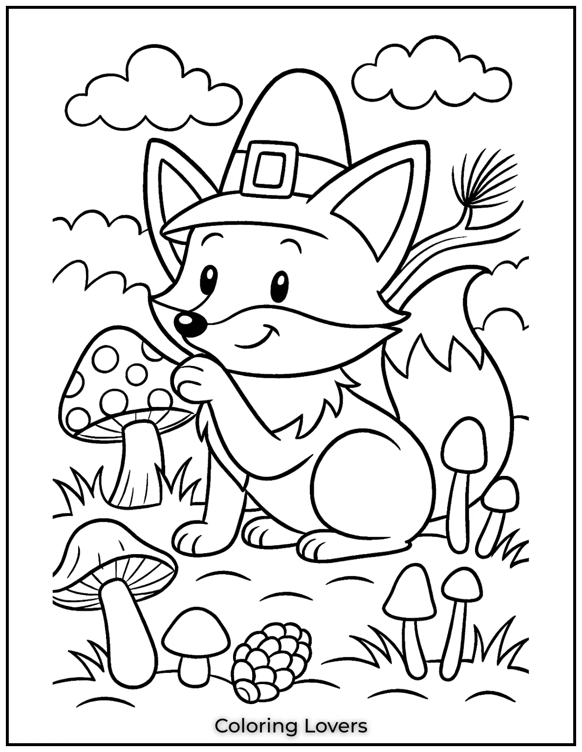 Powerful Fox Coloring Pages That Are Hidden 21 A fox relaxes among a variety of mushrooms, giving a whimsical woodland vibe.