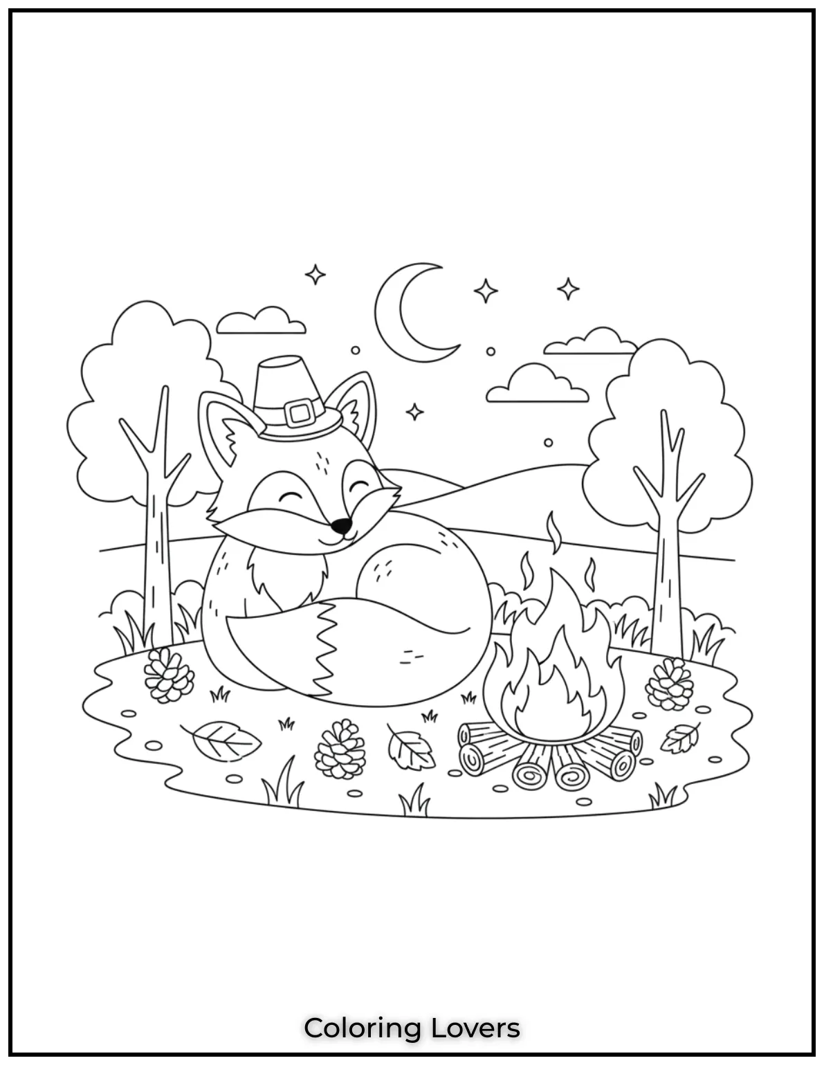 Powerful Fox Coloring Pages That Are Hidden 29 A fox rests by a warm campfire, creating a cozy woodland scene.