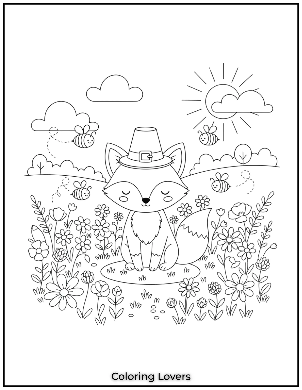 Powerful Fox Coloring Pages That Are Hidden 28 A fox sits among wildflowers, with bees buzzing around cheerfully.