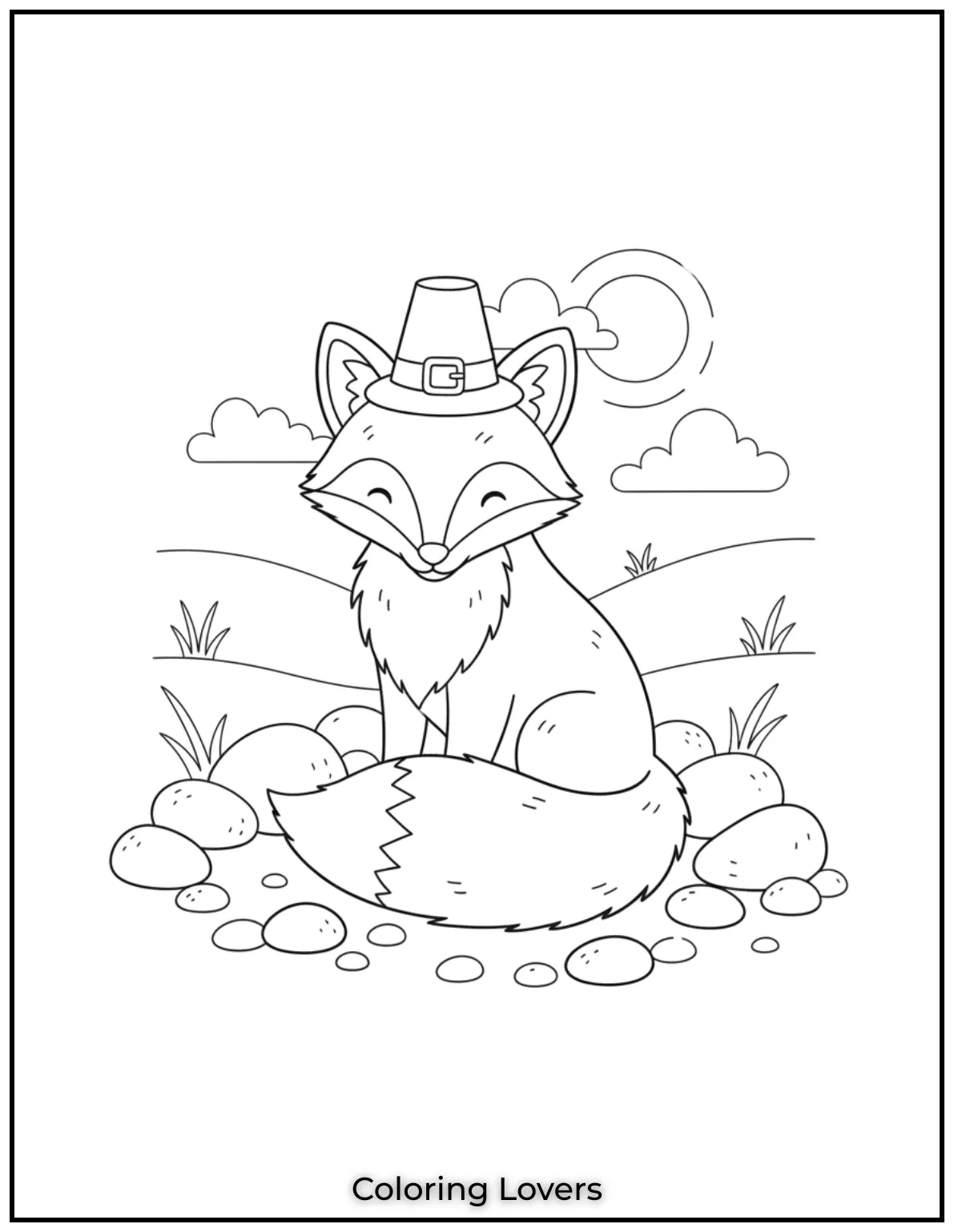Powerful Fox Coloring Pages That Are Hidden 24 A fox sits calmly among pebbles, with its tail curled around.