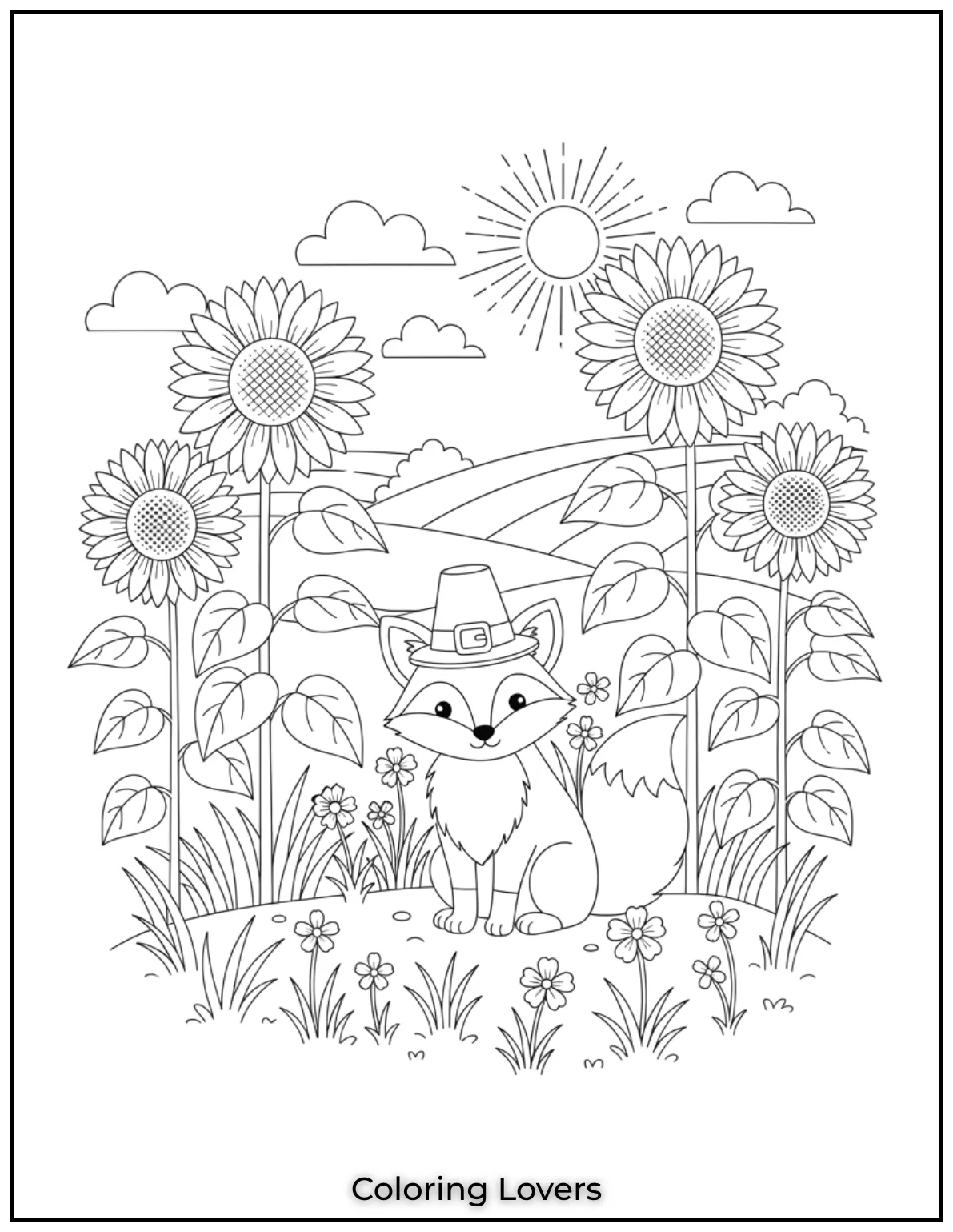 Powerful Fox Coloring Pages That Are Hidden 23 A fox sits peacefully among tall sunflowers, adding warmth to the scene.