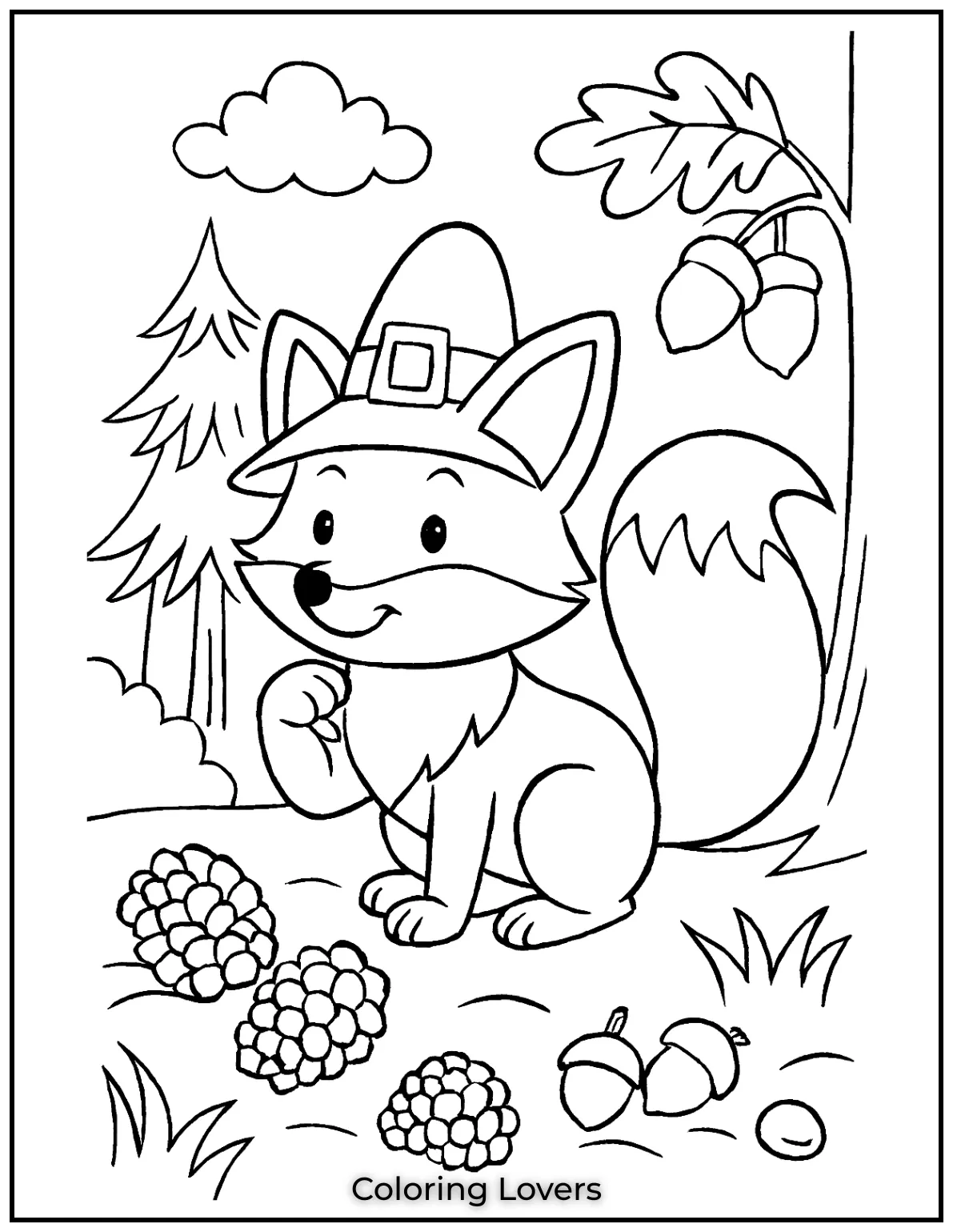 Powerful Fox Coloring Pages That Are Hidden 14 A fox stands amid pinecones and acorns in a serene natural setting.