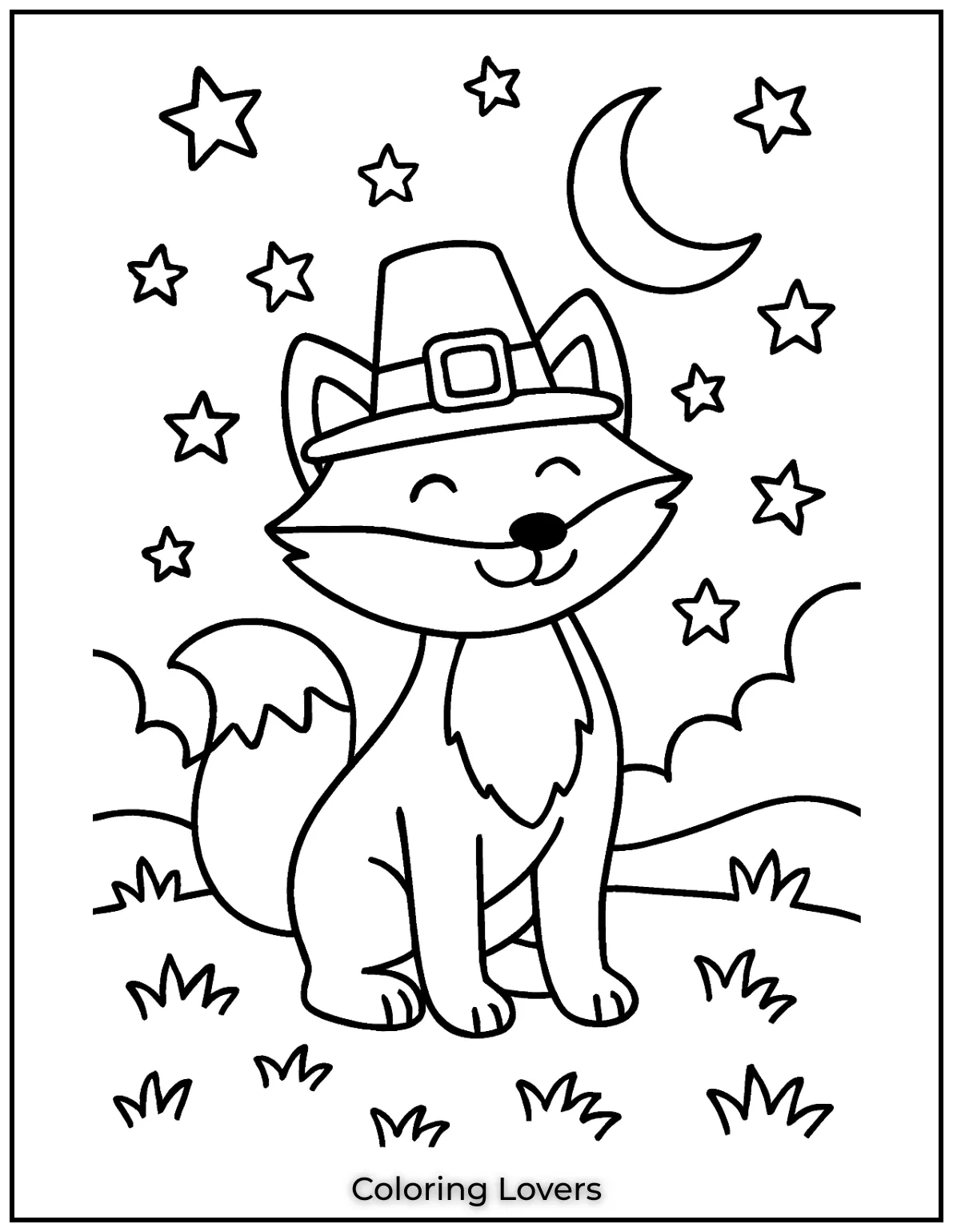 Powerful Fox Coloring Pages That Are Hidden 3 A fox stands proudly under a crescent moon, surrounded by stars in a magical nighttime setting.