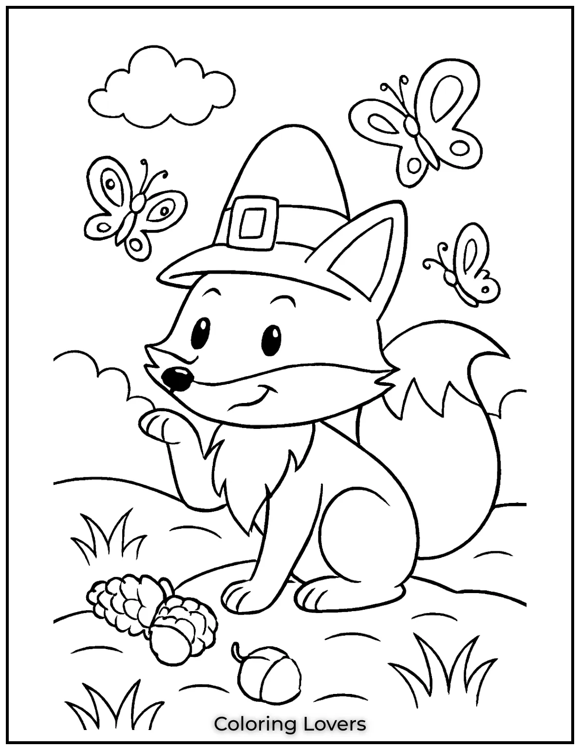 Powerful Fox Coloring Pages That Are Hidden 22 A fox watches butterflies flutter nearby, creating a curious scene.